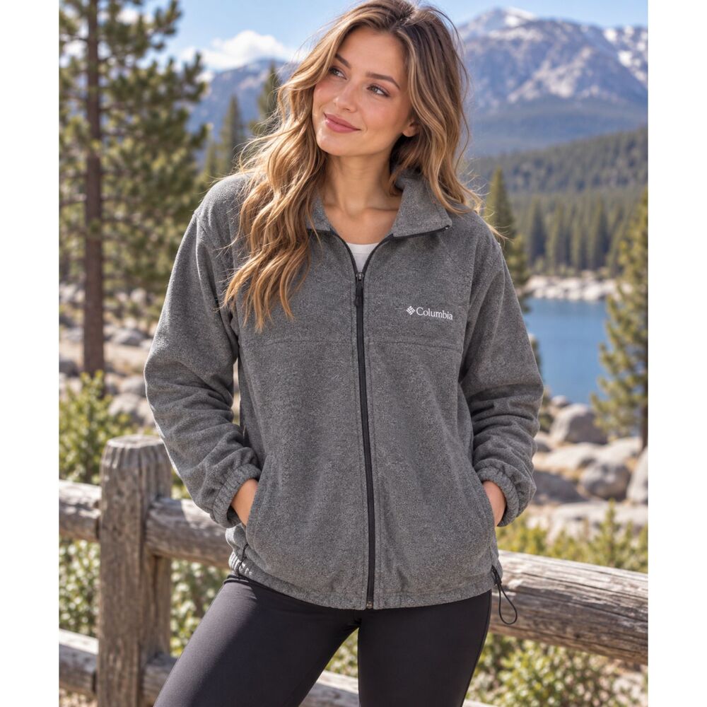 Columbia Womens Size Large Gray Full Zip Fleece Jacket Drawcord Hem Outdoor